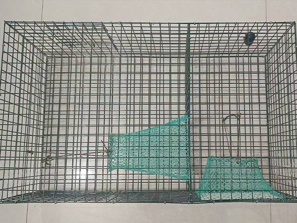 The top view of a black lobster trap placed on the ground